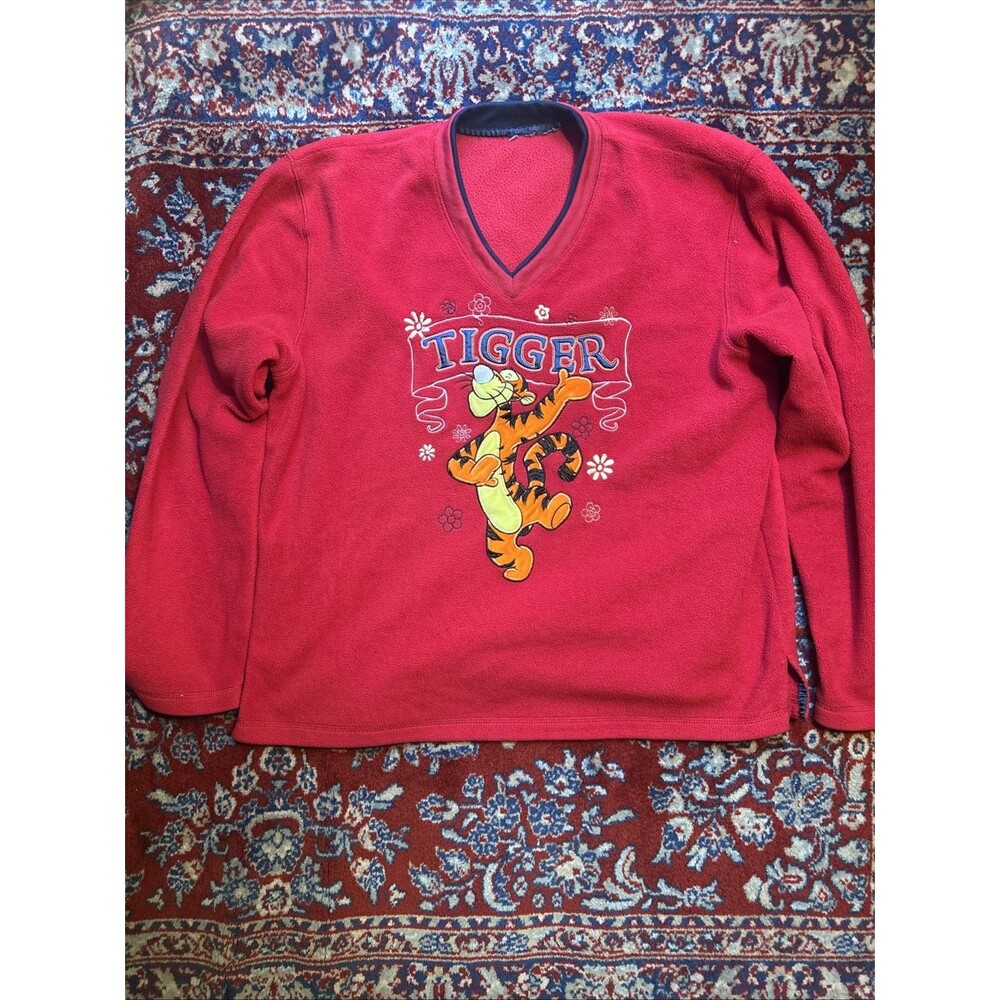 Vintage Disney Fleece Adult L Large Red Winnie the Pooh Tigger V Neck Pullover